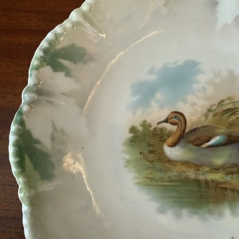 Vintage Silesien Game Bird Plate Mint Green Luster Pink Flowers
